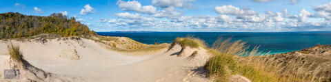 Panoramic view from Pyramid Point in the Sleeping Bear Dunes National Lakeshore.