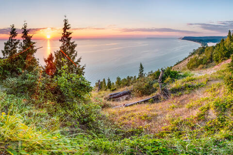 Sunset over Lake Michigan, Empire and Sleeping Bear Dune from Empire Bluff Trail.