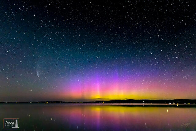 Comet NEOWISE and aurora borealis over Crystal Lake at Railroad Point.
