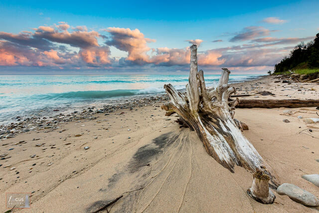 Driftwood log on the Lake Michigan beach with pretty clouds and sky behind.