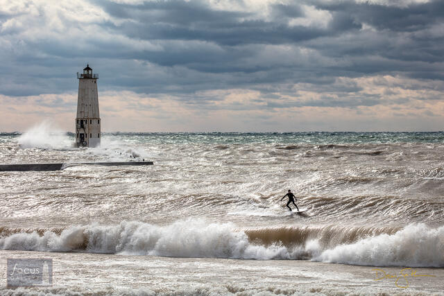 Benzie, Benzie County, Frankfort, Lake Michigan, Michigan, Pier, breakwater, harbor, lighthouse, stormy, surfer, surfing, waves...