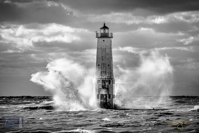 Come As You Are - Waves explode on the Frankfort Lighthouse (B+W)