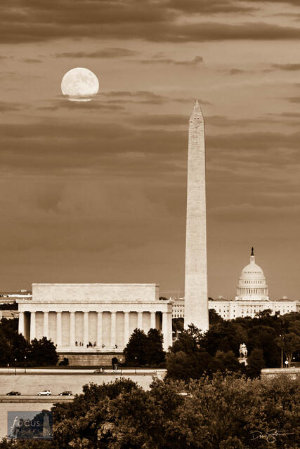 Harvest Moonrise over Washington DC (Sepia)