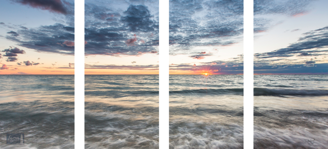 Panoramic sunset over Lake Michigan with blue water and skies and orange sun in four panels.