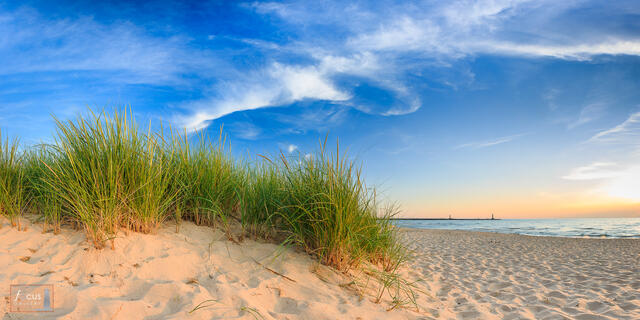 Beach grass and shoreline at Portage Point, Manistee County, Michigan.
