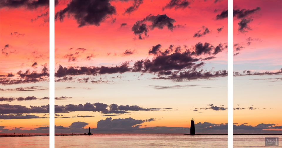 Colorful sunset over Frankfort Harbor and Lake Michigan - triptych image.