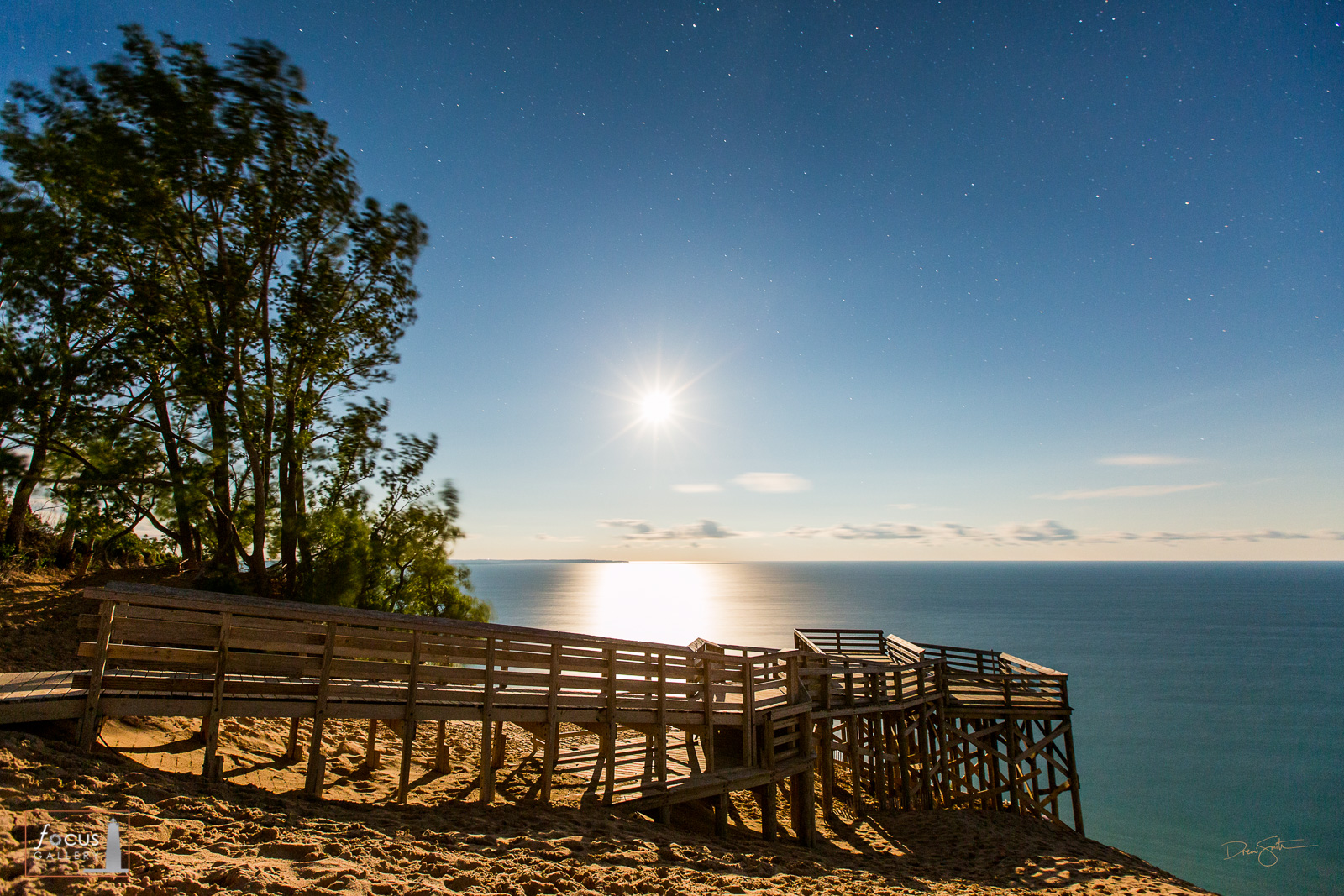 Full moon over the Lake Michigan Overlook platform at Sleeping Bear Dunes National Lakeshore.