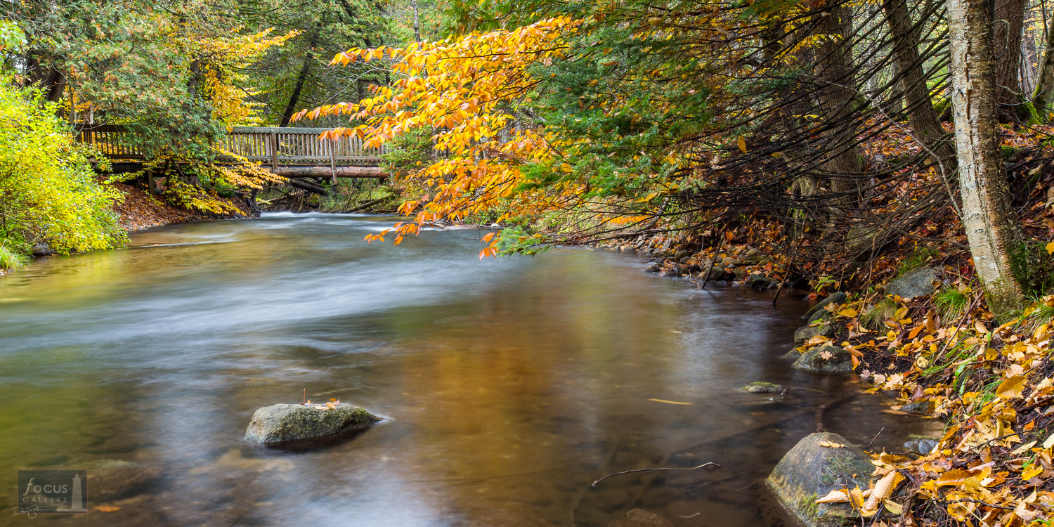 Rustic bridge over Rapid River in autumn, Seven Bridges Nature Area, Kalkaska County, Michigan.
