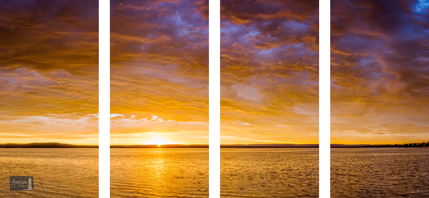 Dramatic sunrise over Platte Lake in Benzie County, Michigan in four panels.