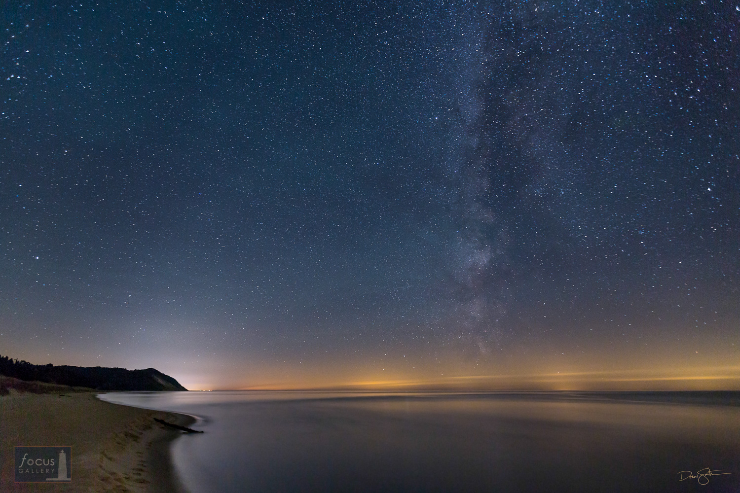 Stars and Milky Way over Lake Michigan and Old Baldy, Benzie County, Michigan.