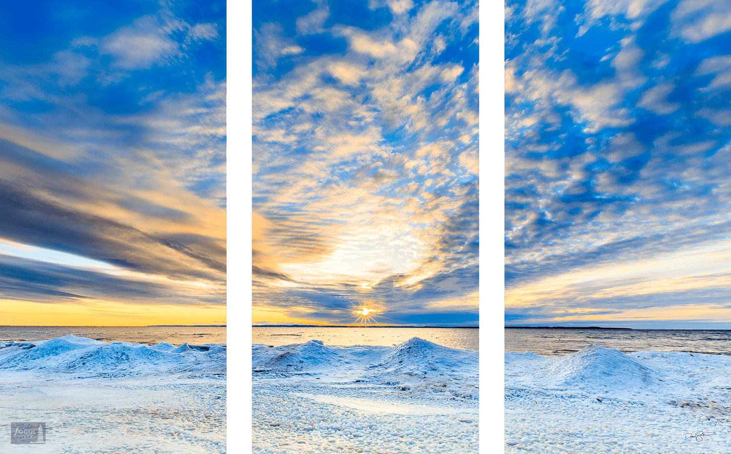 Winter sunset over icy shoreline of Lake Michigan.